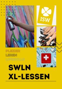 Een gele poster met foto's van een hand die een kleurrijke muur spuit, handen die piano spelen en een EHBO-doos. De tekst luidt: PLEZIER LEREN LIFESKILLS SWLN XL-LESSEN en bevat het ISW-logo. | ISW Sweelincklaan