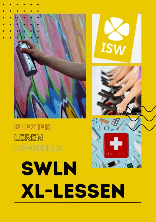 Een gele poster met foto's van een hand die een kleurrijke muur spuit, handen die piano spelen en een EHBO-doos. De tekst luidt: PLEZIER LEREN LIFESKILLS SWLN XL-LESSEN en bevat het ISW-logo. | ISW Sweelincklaan